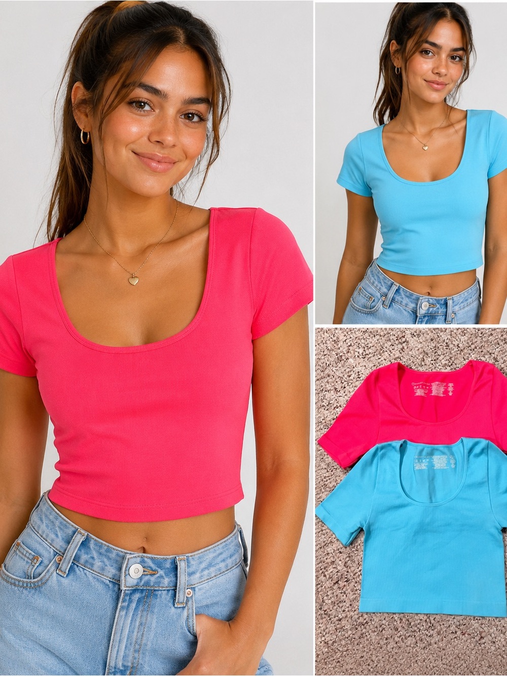 Scoop Ribbed Neck Crop Tops - Hot Pink & Aqua (Size S) Juniors Set of 2